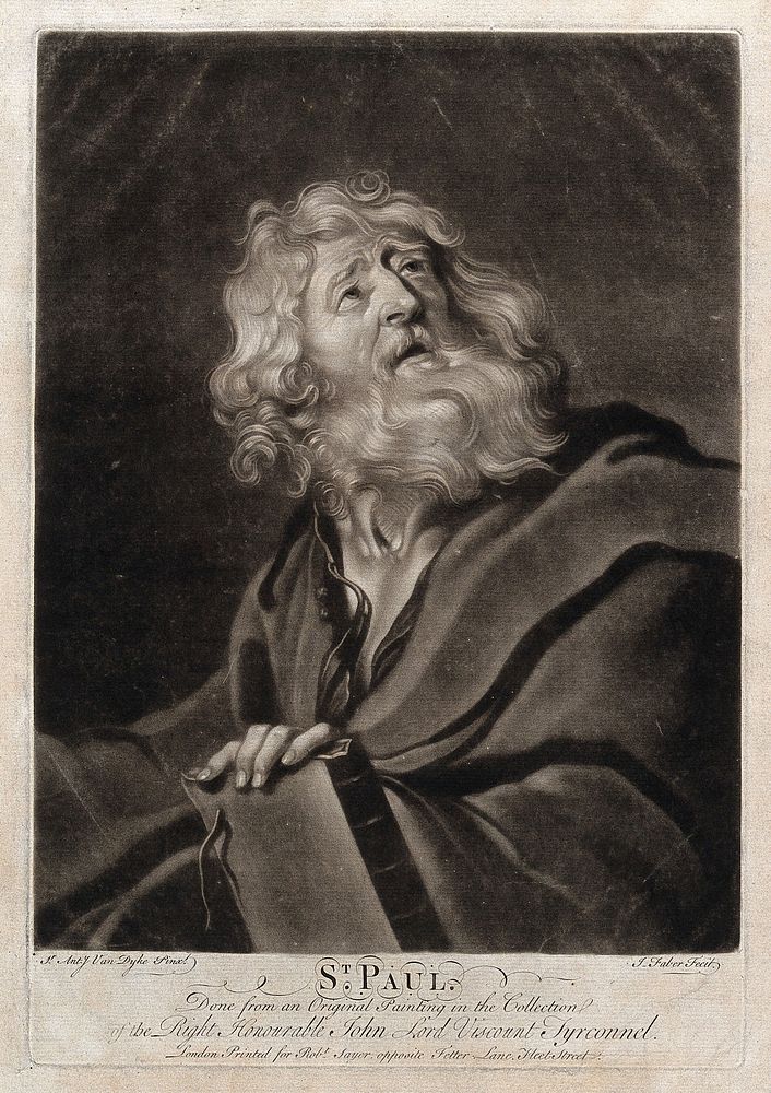 Saint Paul. Mezzotint by J. Faber after Sir A. van Dyck.