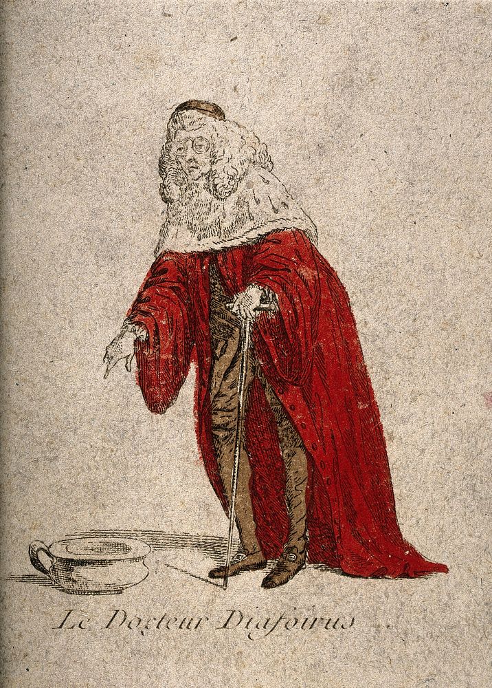 Doctor Diafoirus, a physician from Molière's play Le malade imaginaire. Coloured etching.
