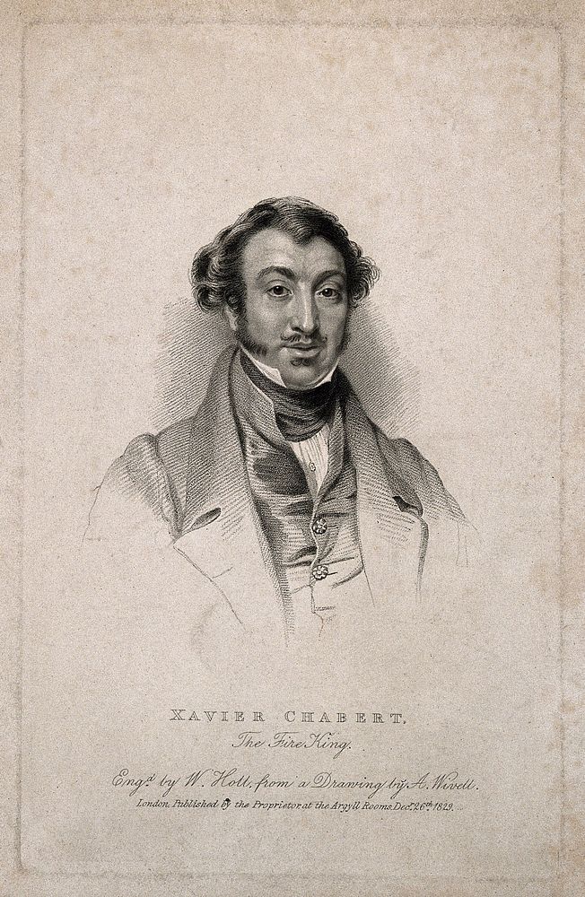 Xavier Chabert, a fire eater. Stipple engraving by W. Holl, 1829, after A. Wivell.