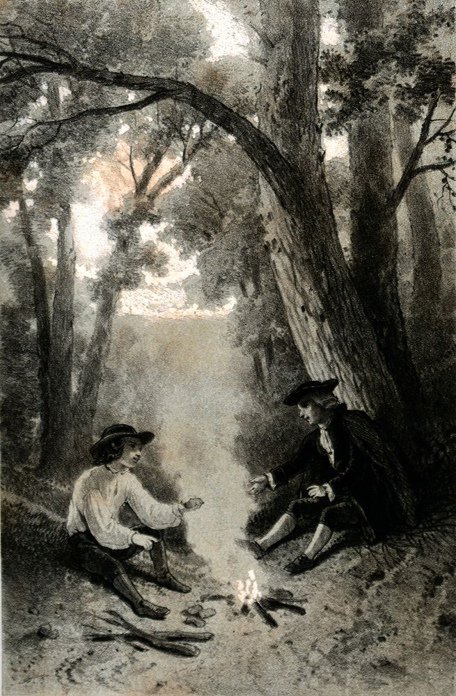 Two young men sit over a fire in a wood. Colour lithograph.