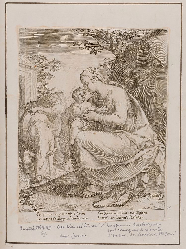 Mary and Joseph prepare to flee into Egypt with the infant Jesus. Etching by Agostino Carracci.