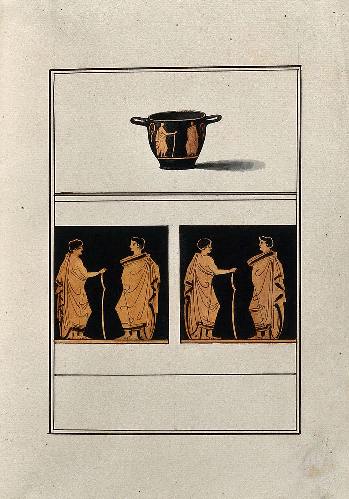 Above, red-figured Greek cup with horizontal handles (skyphos); below, detail of the decoration showing two men facing each…