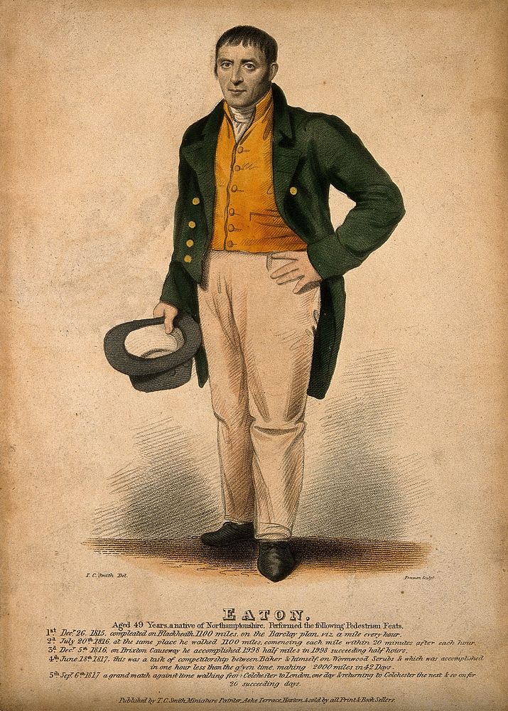 Josiah Eaton, a long distance walker. Coloured stipple engraving by S. Freeman after T.C. Smith.