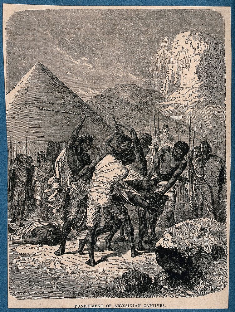 Abyssinians beating captives to death with sticks. Wood engraving, 18--.