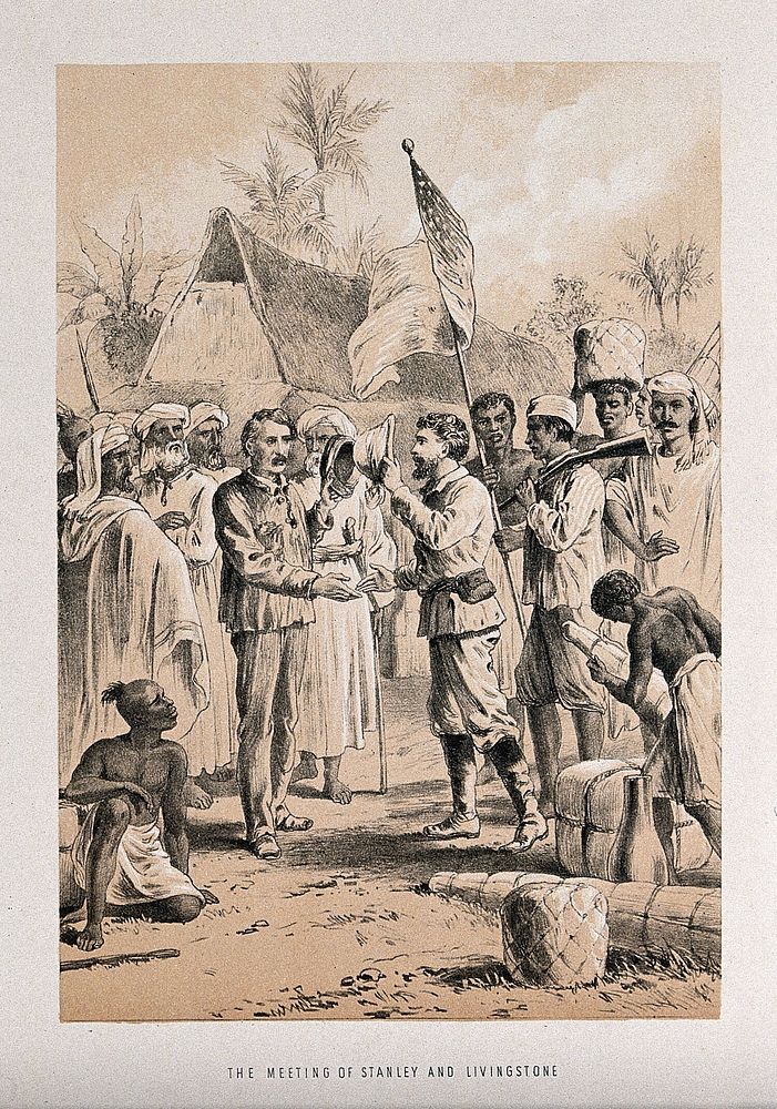 Henry Morton Stanley meeting David Livingstone in central Africa. Lithograph.