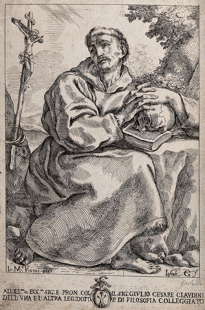 Saint Francis of Assisi, holding a skull, contemplating a crucifix. Etching by G. Guidalotti Franceschini after G.M. Viani…