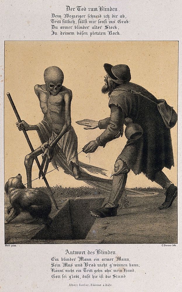 The dance of death at Basel: death and the blind man. Lithograph by G. Danzer after H. Hess.
