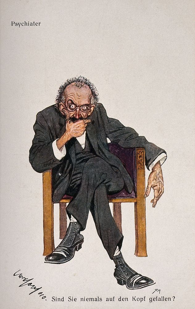 A psychiatrist with intense, bulging eyes. Colour process print by C. Josef, c. 1930.