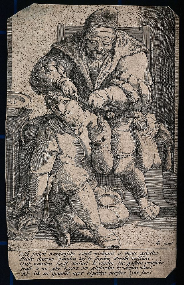 An itinerant surgeon extracting stones from a man's head; symbolising the expulsion of 'folly' (insanity) Line engraving…