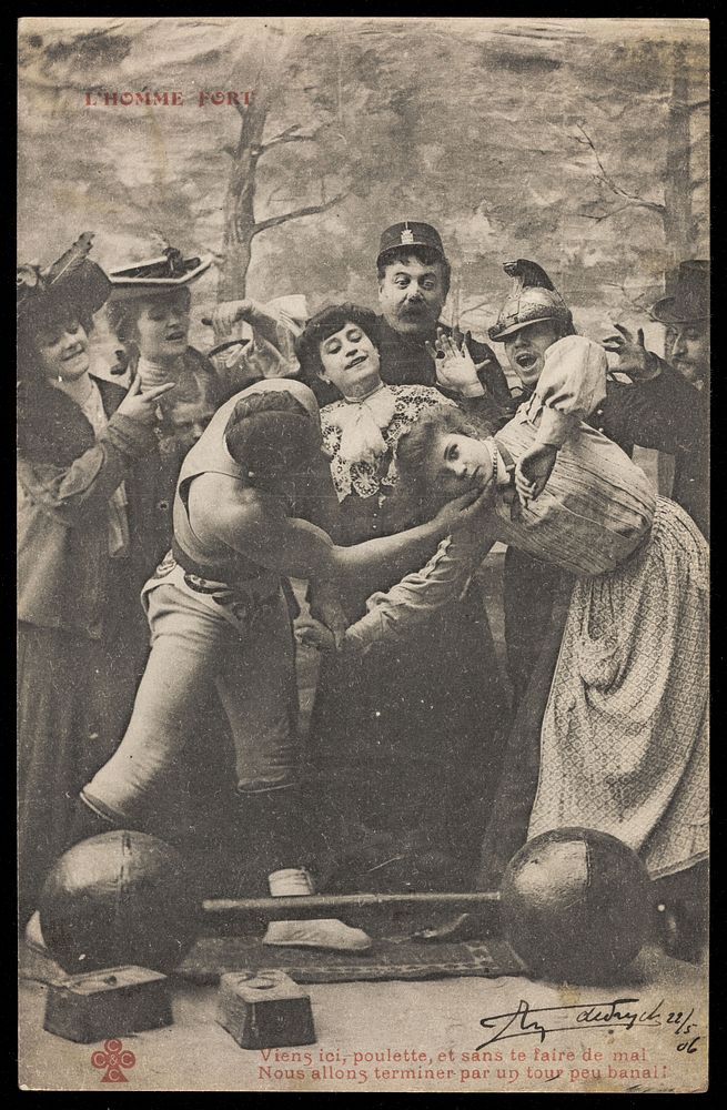 A strongman (Emile de Suyck) invites a woman to volunteer to help him in his final feat. Process print, 1906 .