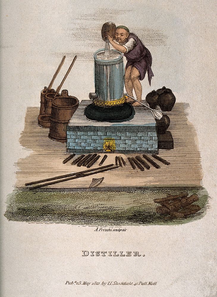 A Chinese  man working with distilling apparatus. Coloured engraving by A. Freschi, 1812.