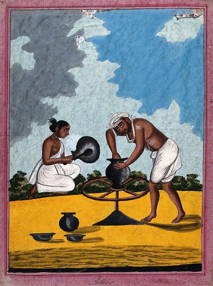 Indian potter and wife. Gouache drawing.
