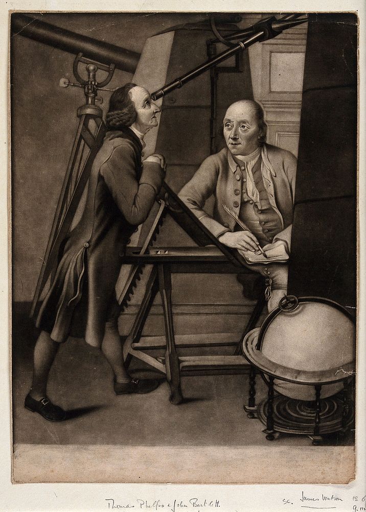 Astronomy: Thomas Phelps (left) and John Bartlett making astronomical observations in the observatory of the Earl of…