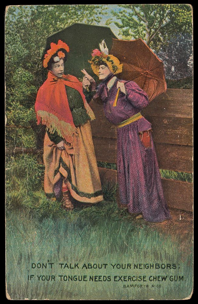 Two men wearing dresses in a garden: one is handing the other sticks of chewing gum as an alternative to gossip. Colour…