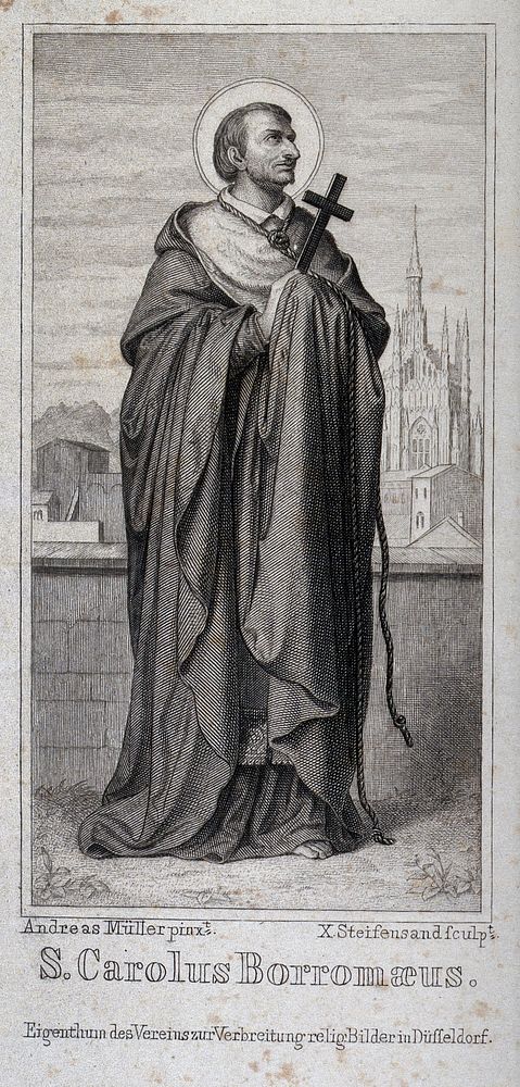 Saint Carlo Borromeo. Steel engraving by X. Steifensand after A. Müller.