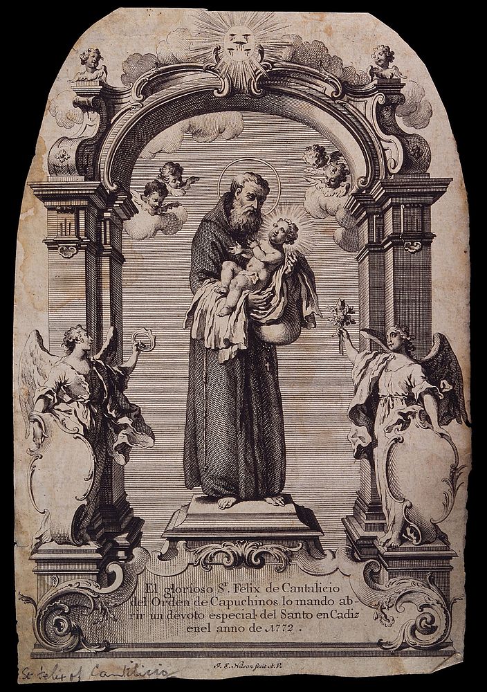 Saint Felix of Cantalice, holding the infant Christ, under a canopy, surrounded by angels. Etching by J.E. Nilson, 17--.