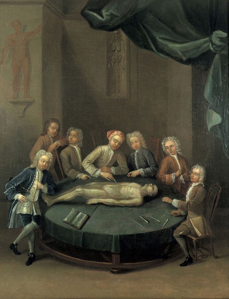 William Cheselden giving an anatomical demonstration to six spectators in the anatomy-theatre of the Barber-Surgeons'…