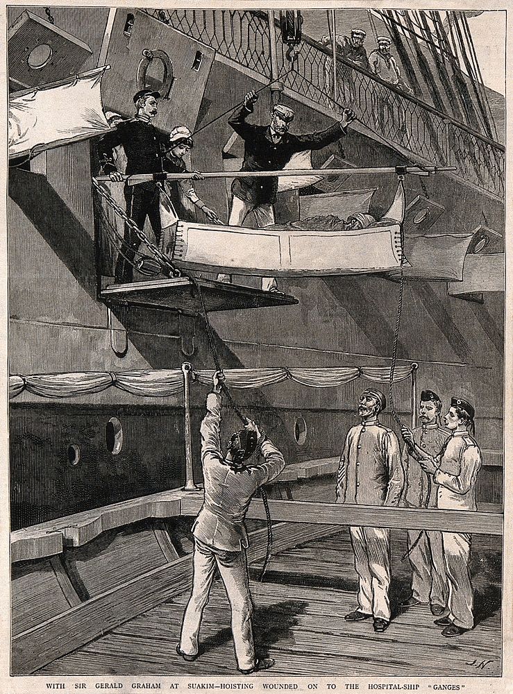 Sir Gerald Graham directing the hoisting of patients on board a hospital ship, Sudan. Wood engraving by J.N., 1885.