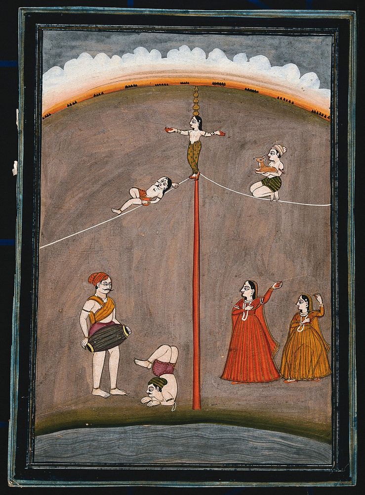 Four acrobats along with two dancing girls and a musician. Gouache painting by an Indian painter.