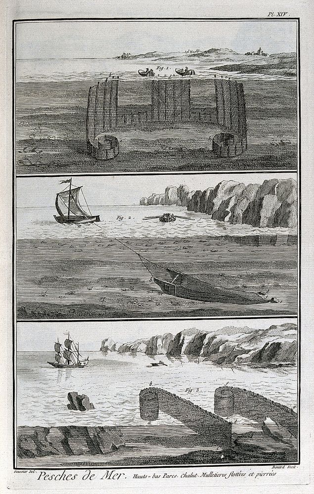 Fishing: three different designs of net. Engraving, c.1762, by R. Benard after J.L. Goussier.