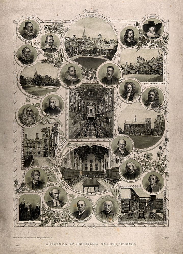 Buildings and members of Pembroke College, Oxford. Lithograph by Beynon & Company.