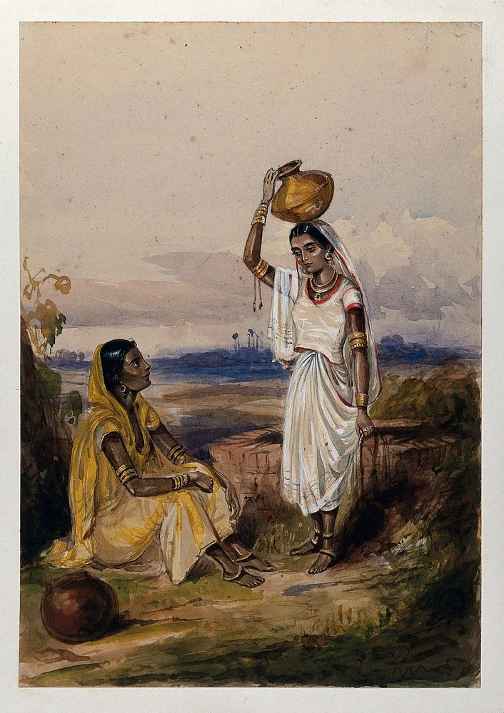 Two women with water vessels at a well, Afghanistan. Watercolour.