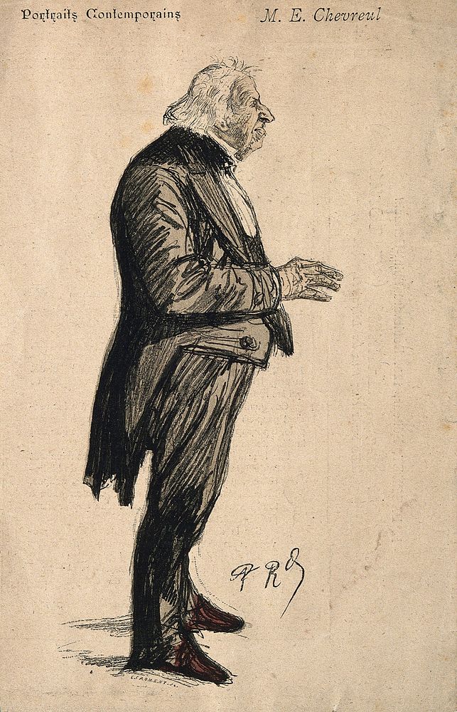 Michel Eugène Chevreul. Colour wood engraving by E. Froment after P. Renouard, 1886.
