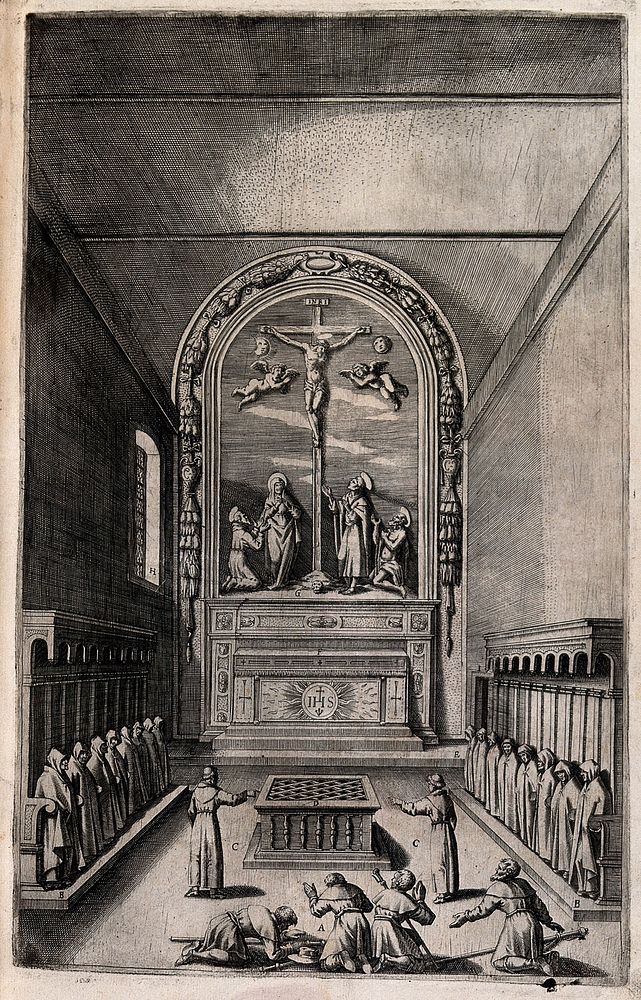 Interior of the church of the Stigmata on Mount Verna; with a painting of the Crucifixion. Engraving attributed to D.…