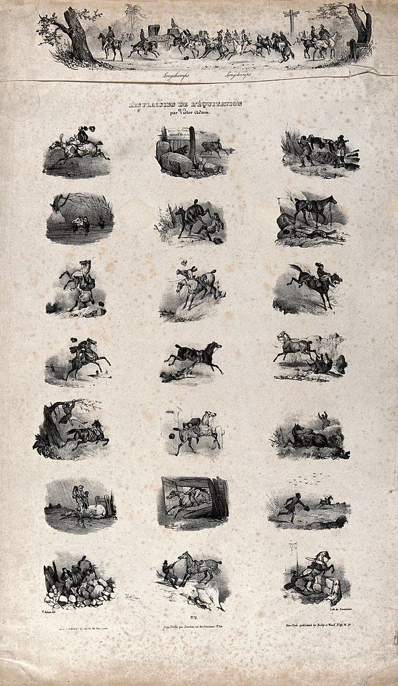 The various pleasures of equitation illustrated in twenty-two sketches which all show horsemen being injured. Chalk…