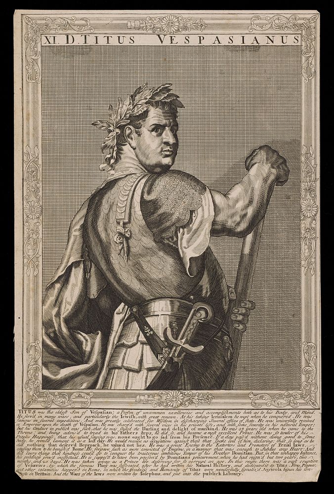 Titus, Emperor of Rome. Line engraving, 16--, after A. Sadeler after Titian.