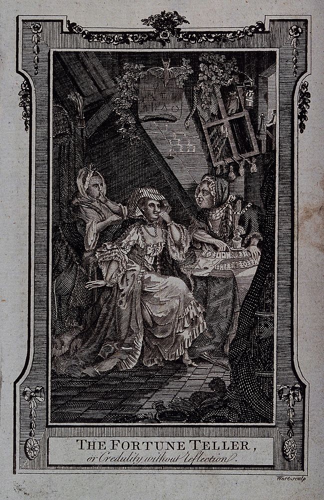 A lavishly dressed lady is having her fortune told by a woman with cards. Etching by West, 17--, after J.E. Schenau.