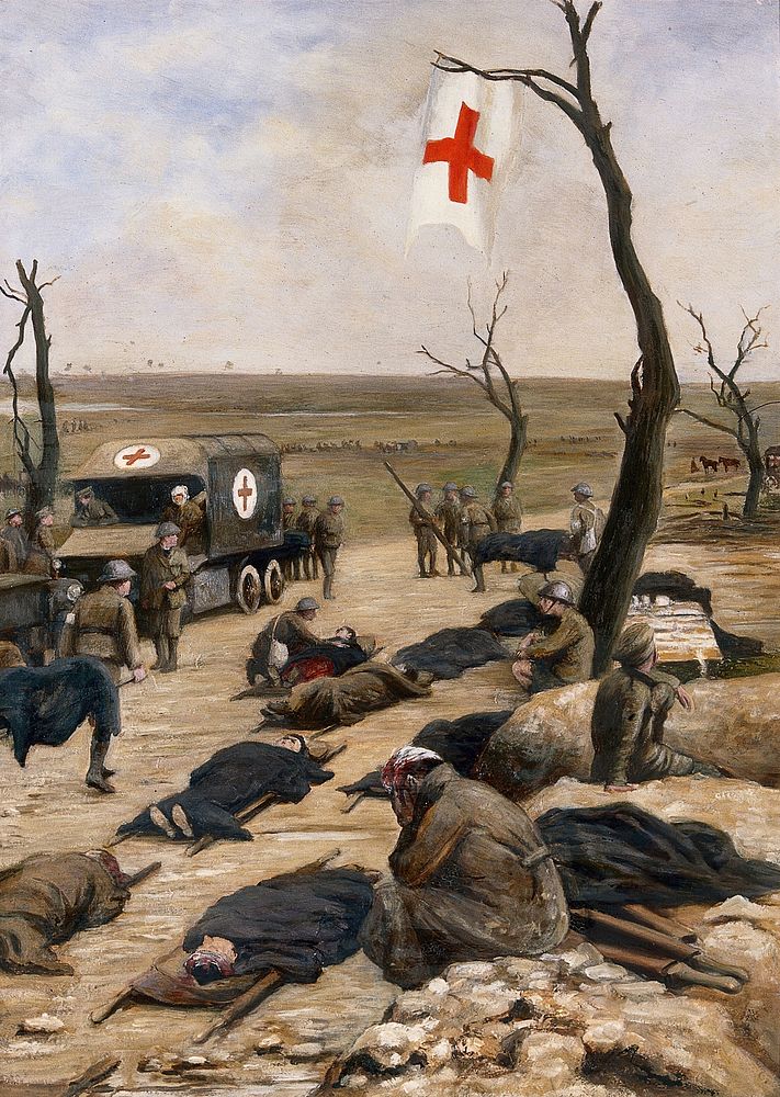World War I: an advanced dressing-station by the roadside. Oil painting attributed to Francis James Barraud.