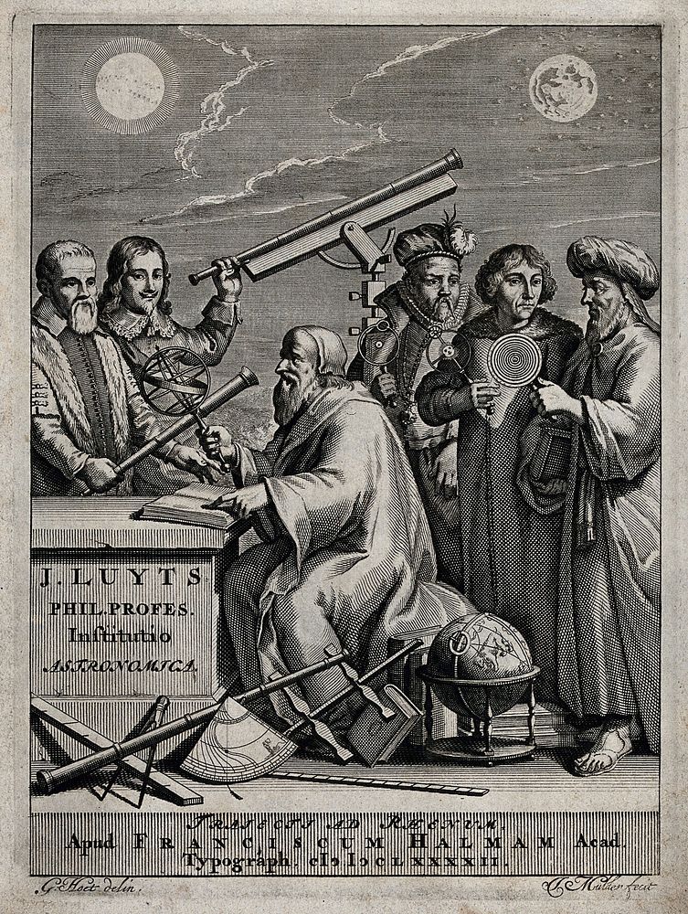 Copernicus and five other astronomers with astronomical instruments. Engraving by J. Mulder after G. Hoet, 1692.