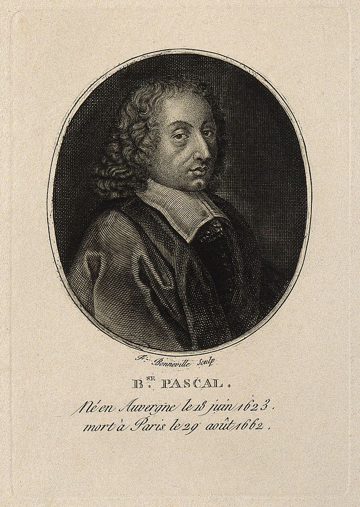 Blaise Pascal. Line engraving by F. Bonneville after F. Quesnel, junior.
