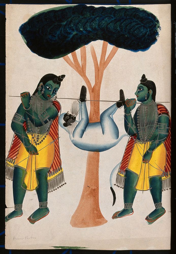 Two men carrying a captured monkey tied to a pole, possibly Hanuman. Watercolour drawing.