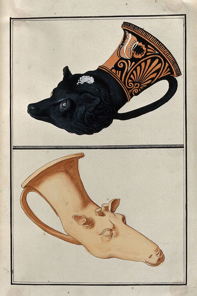 Above, red-figured Greek drinking horn (rhyton) ending in a dog's head; below, Greek drinking-horn ending in a deer's head.…