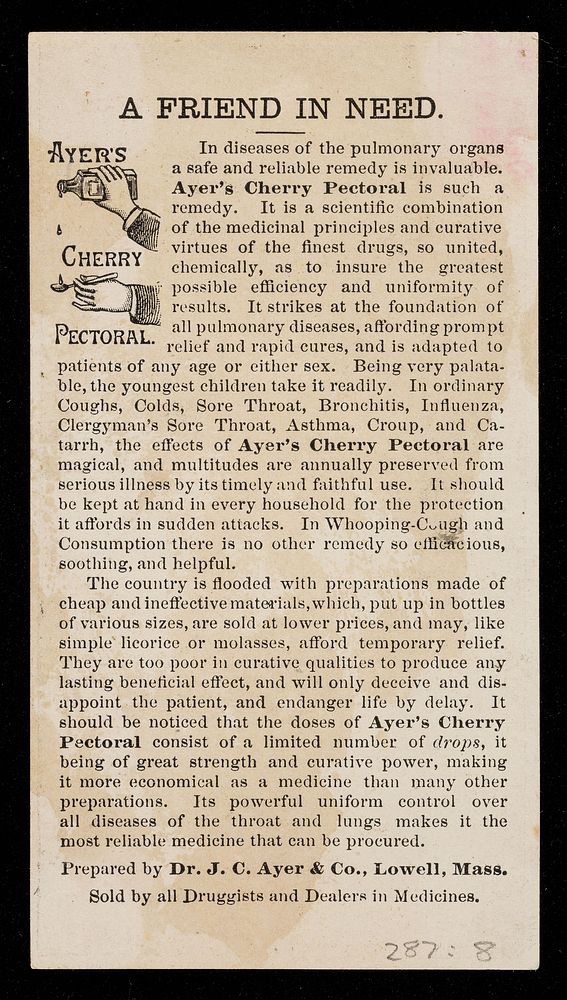 Ayer's cherry pectoral for the cure of coughs, colds, asthma, croup, bronchitis, whooping cough, and consumption / prepared…