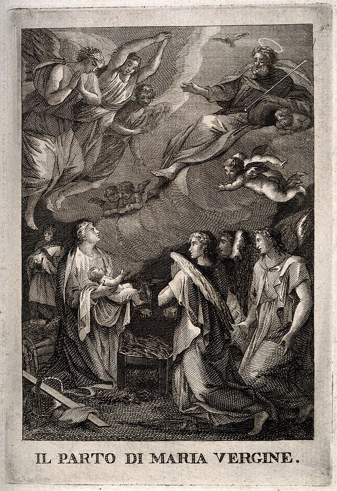 The birth of Jesus Christ, the Virgin Mary presents him to God and the angels. Engraving.