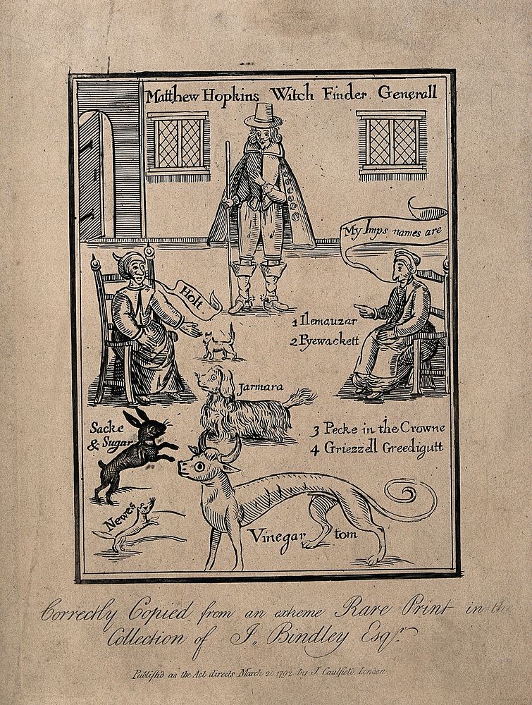 Matthew Hopkins, Witchfinder general, with two supposed witches calling out the names of their demons, some of which are…