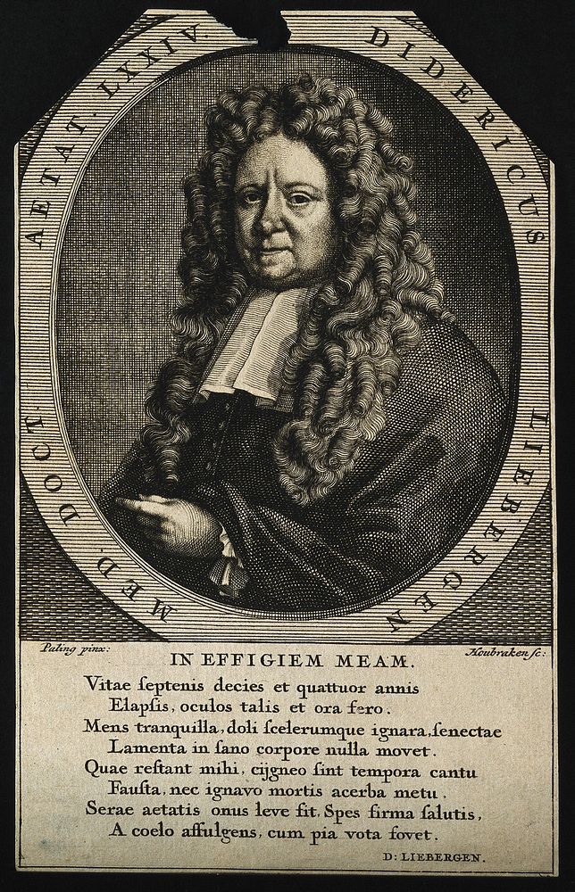 Didericus Liebergius. Line engraving by J. Houbraken, 1718, after I. Paling.