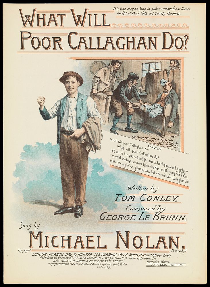 A disabled soldier has his wooden legs stolen by four Irishmen in a bar. Colour lithograph by H.G. Banks, ca. 1899.