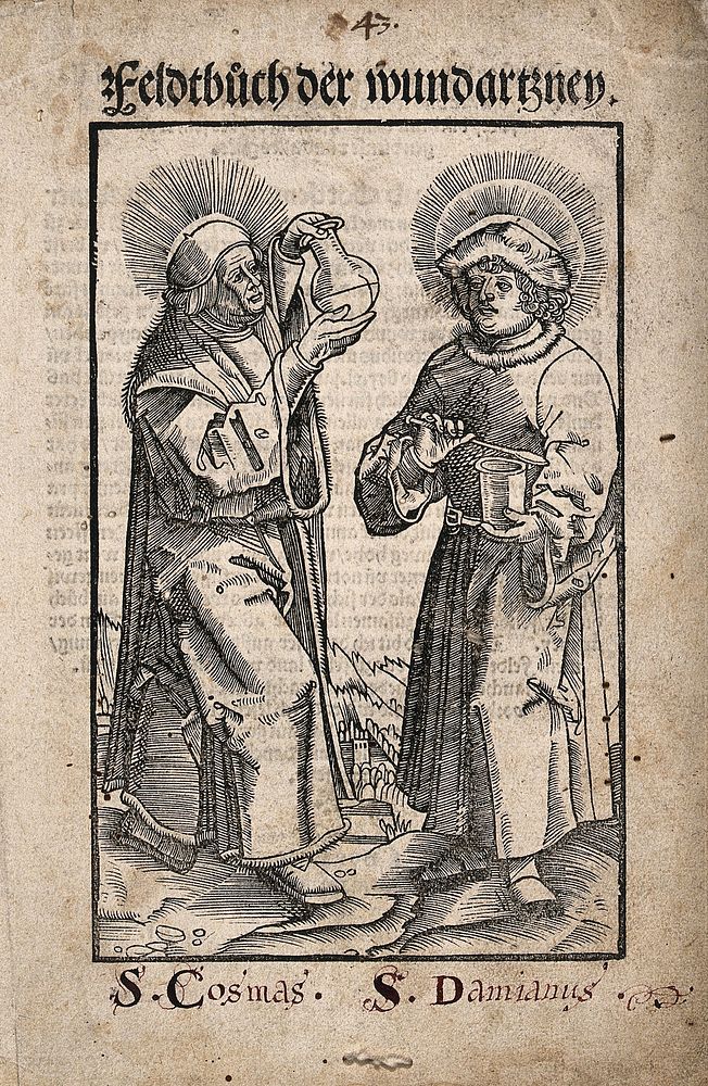 Saint Cosmas and Saint Damian. Woodcut by H. Weiditz, 15--.