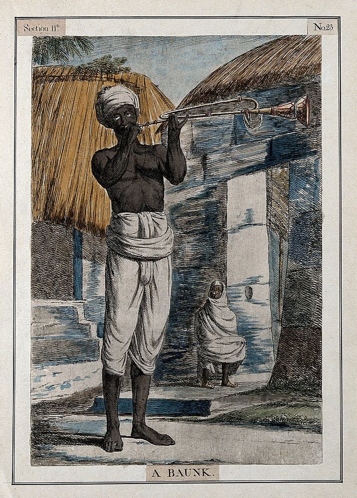 Man playing the baunk, a trumpet-like instrument, Calcutta, West Bengal. Coloured etching by François Balthazar Solvyns…