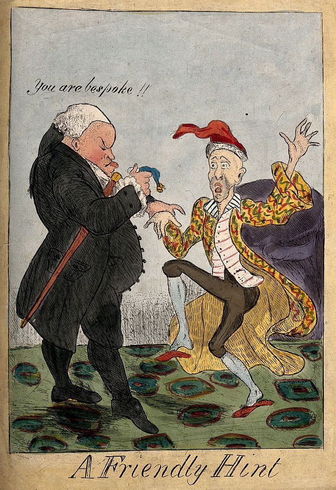 A grumpy physician taking the pulse of an alarmed man. Coloured etching.