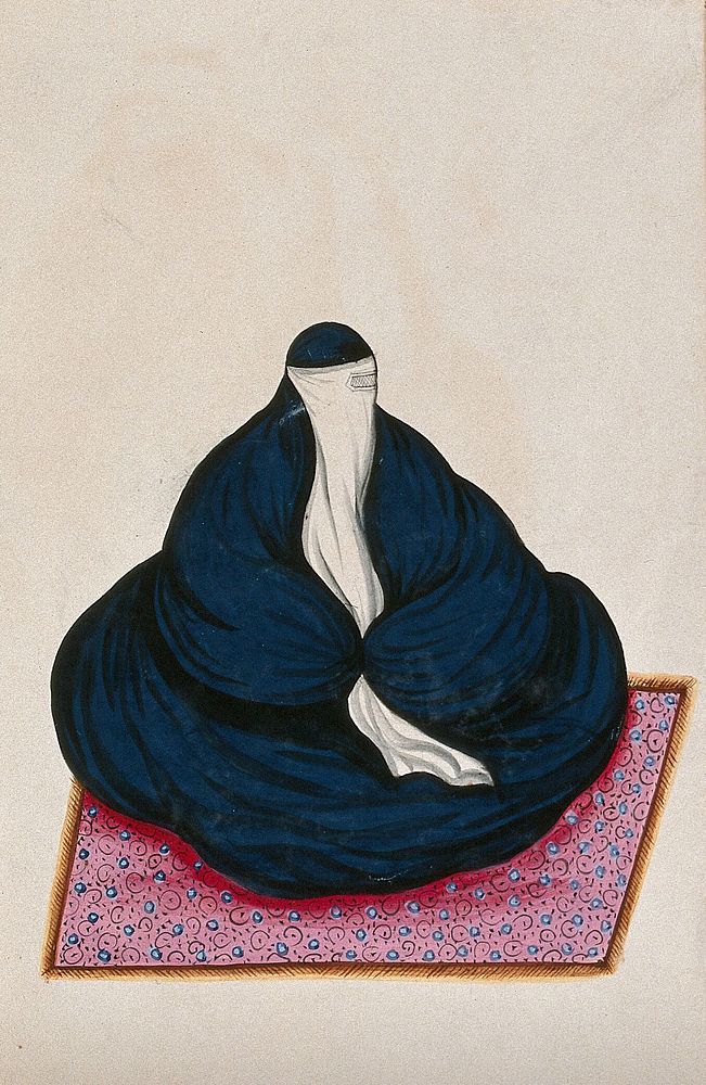 A woman wearing a traditional burqua or Muslim veil. Gouache painting by a Persian artist, Qajar period.