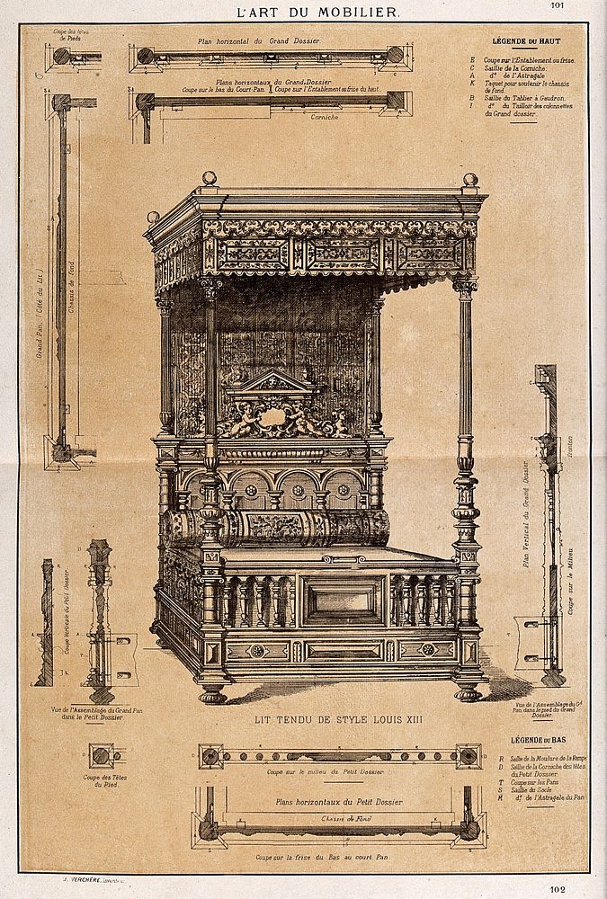 Cabinet-making: design for a "four-poster" bed. Etching by J. Verchère after himself, 1880.