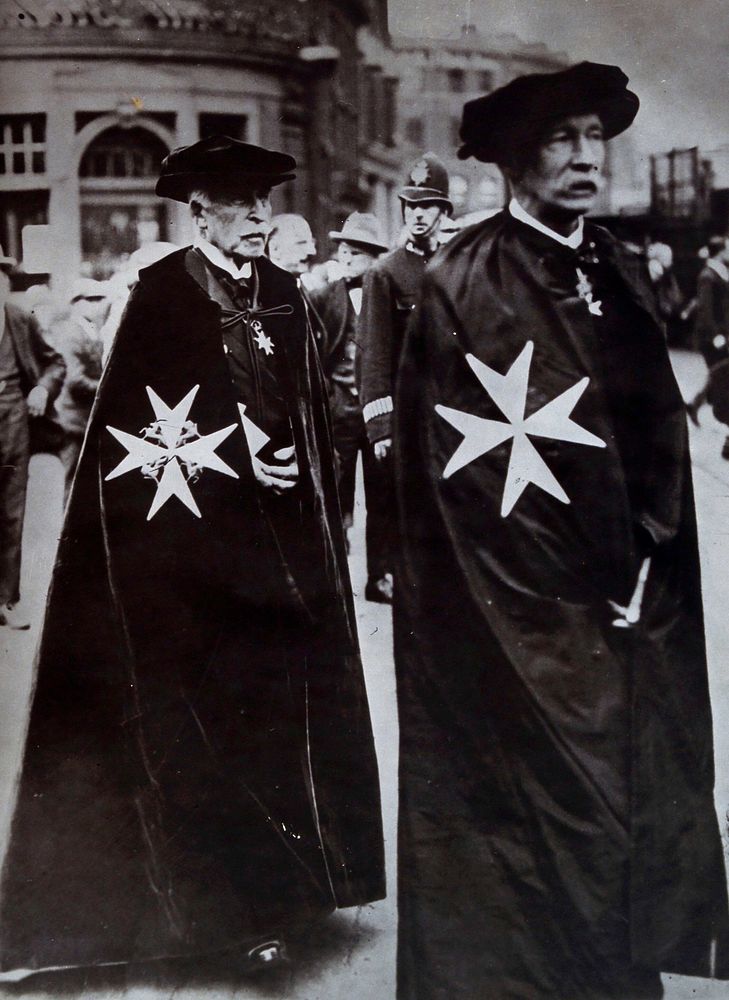 HRH Prince Arthur, Duke of Connaught, right, wearing the robes of Grand Prior (or other high grade) of the order of Saint…