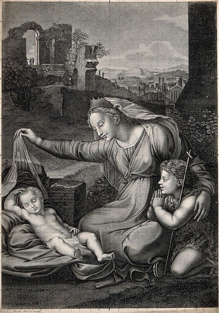 Saint Mary (the Blessed Virgin) with the Christ Child and Saint John the Baptist. Engraving by L.C. Ruotte after G.F. Penni.