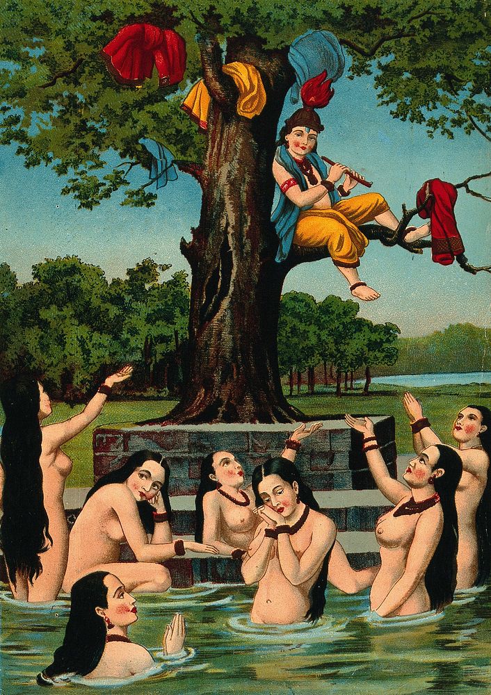 Krishna sitting in a tree above water with the gopis' clothes, while the naked gopis plead for their garments.…