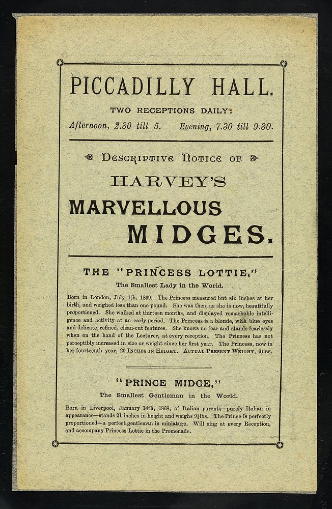 [Undated mottled blue-grey handbill (London, December 1884) advertising an appearance by Harvey's Midges: Princess Lottie…